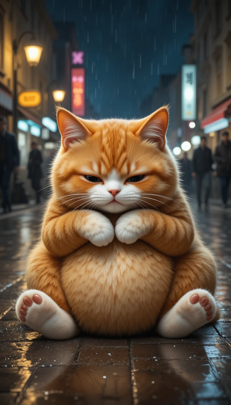 雨の夜の街で負傷したきょうだいを抱くオレンジ猫
