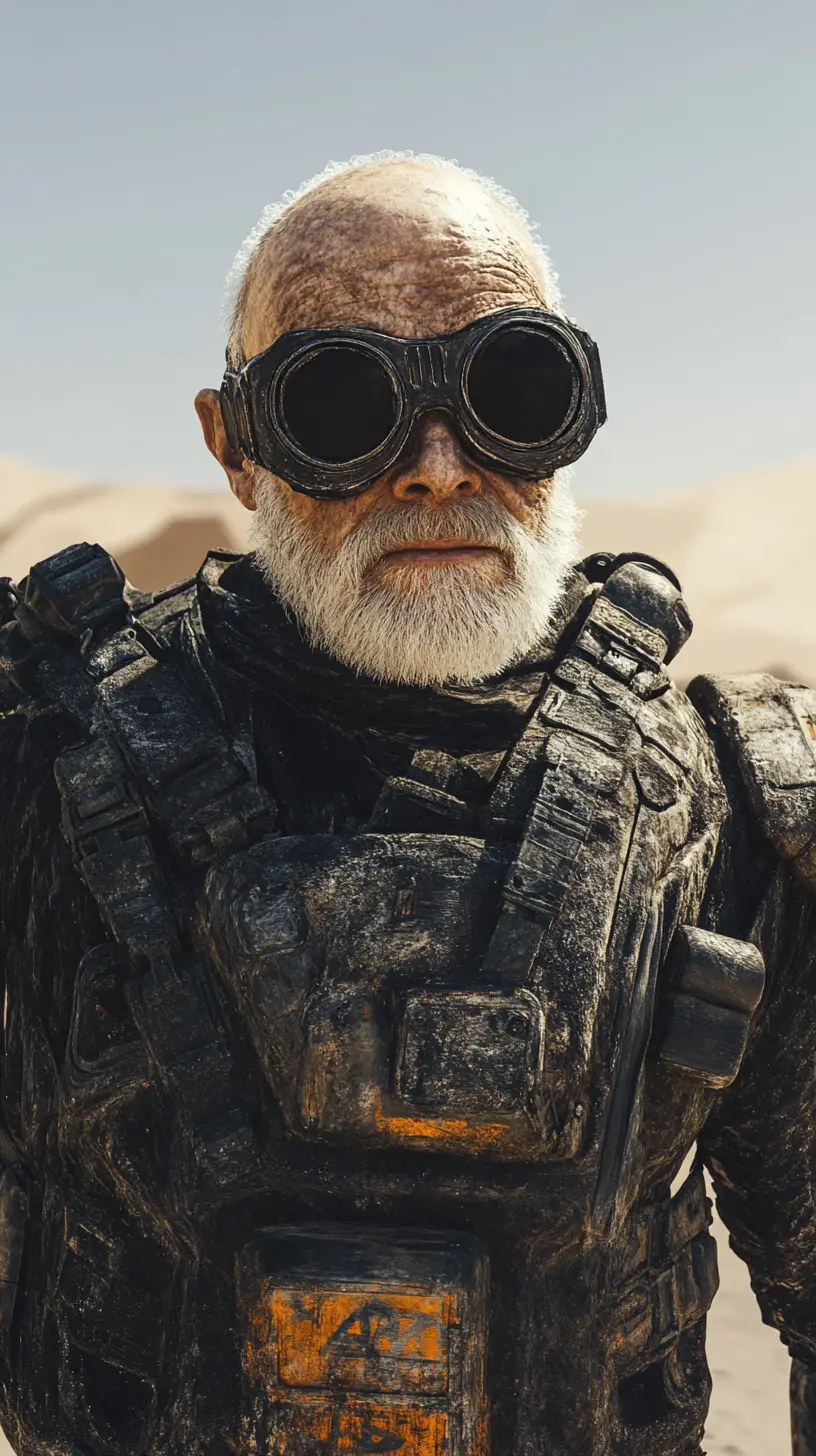 Homem velho e careca em um deserto pós-apocalíptico