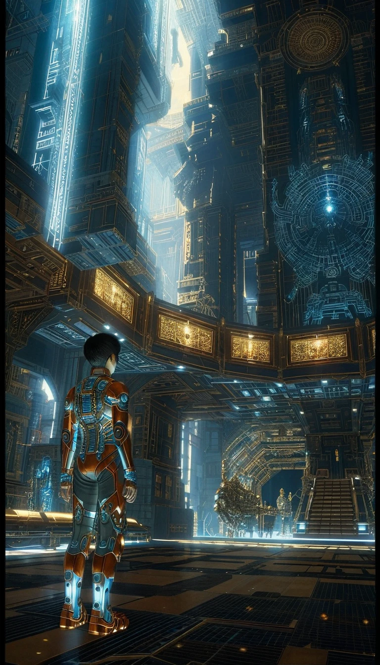 Futuristic marine gazing up inside a vast alien temple