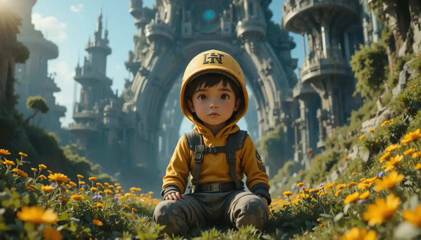 Little boy in yellow in a futuristic organic cityscape