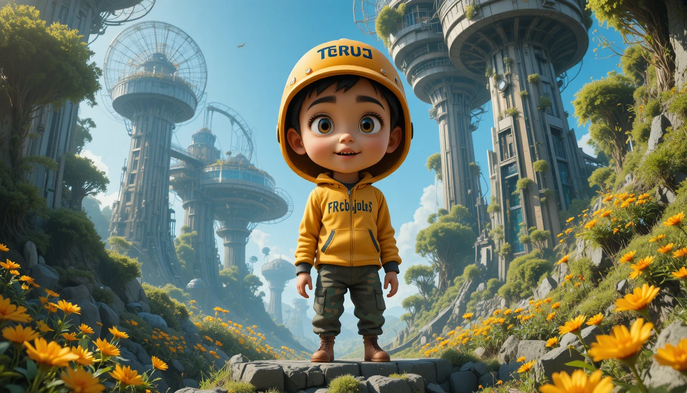 Menino com roupa amarela em uma cidade orgânica futurista