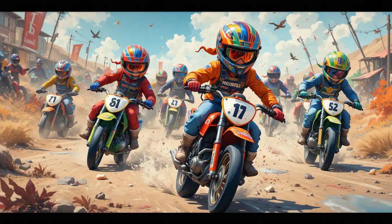 Chaotisches Kinder-Motorradrennen im verspielten Aquarellstil