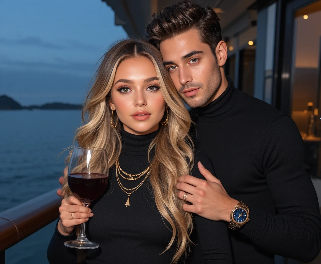 Couple élégant s’enlaçant au bord de la mer avec du vin rouge