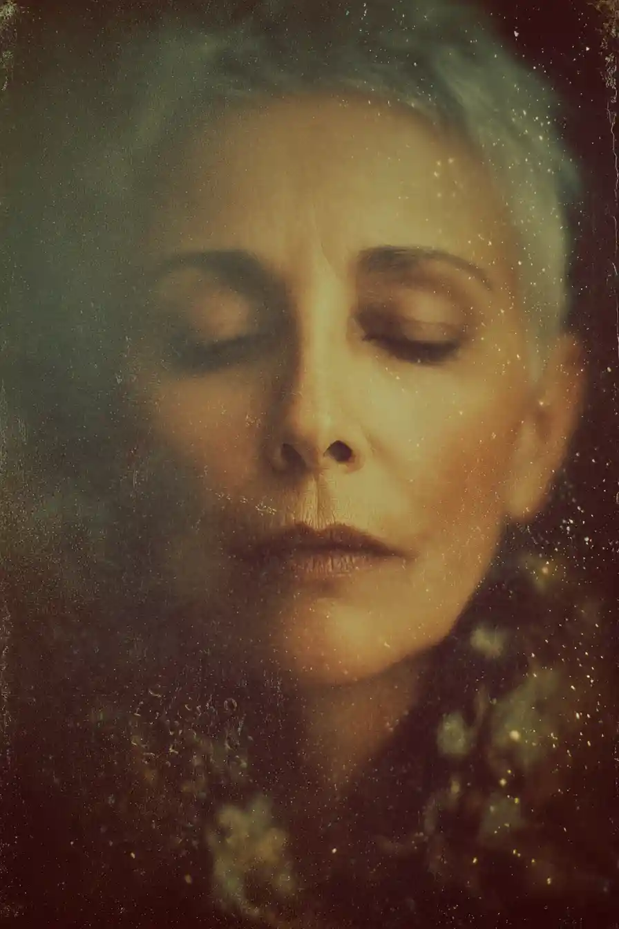 Surreal portrait of an older bohemian woman in darkness