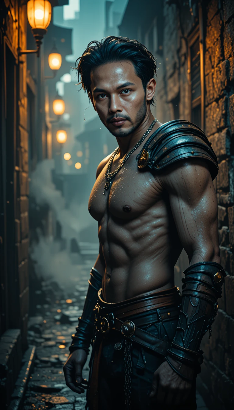 Intense man standing in a foggy cinematic city alley