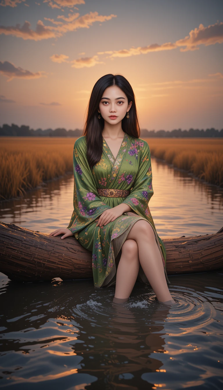 Giovane donna che riposa su un tronco lungo il fiume al tramonto