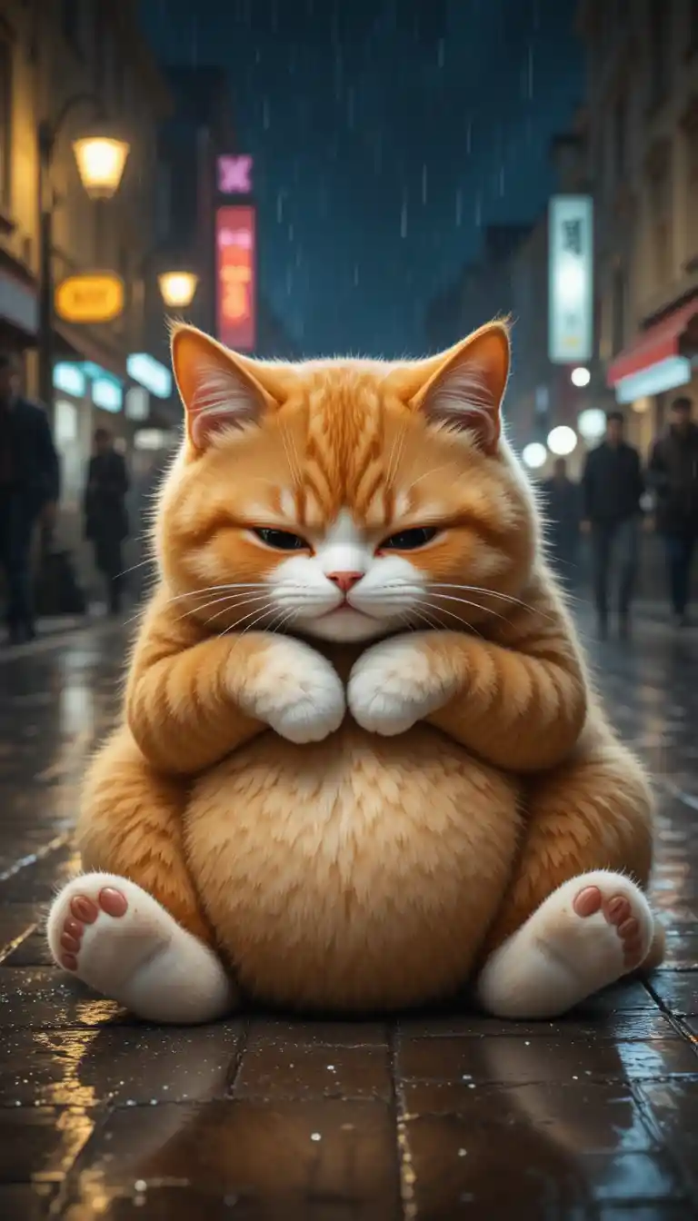 Chat roux tenant son frère blessé dans une rue pluvieuse de nuit