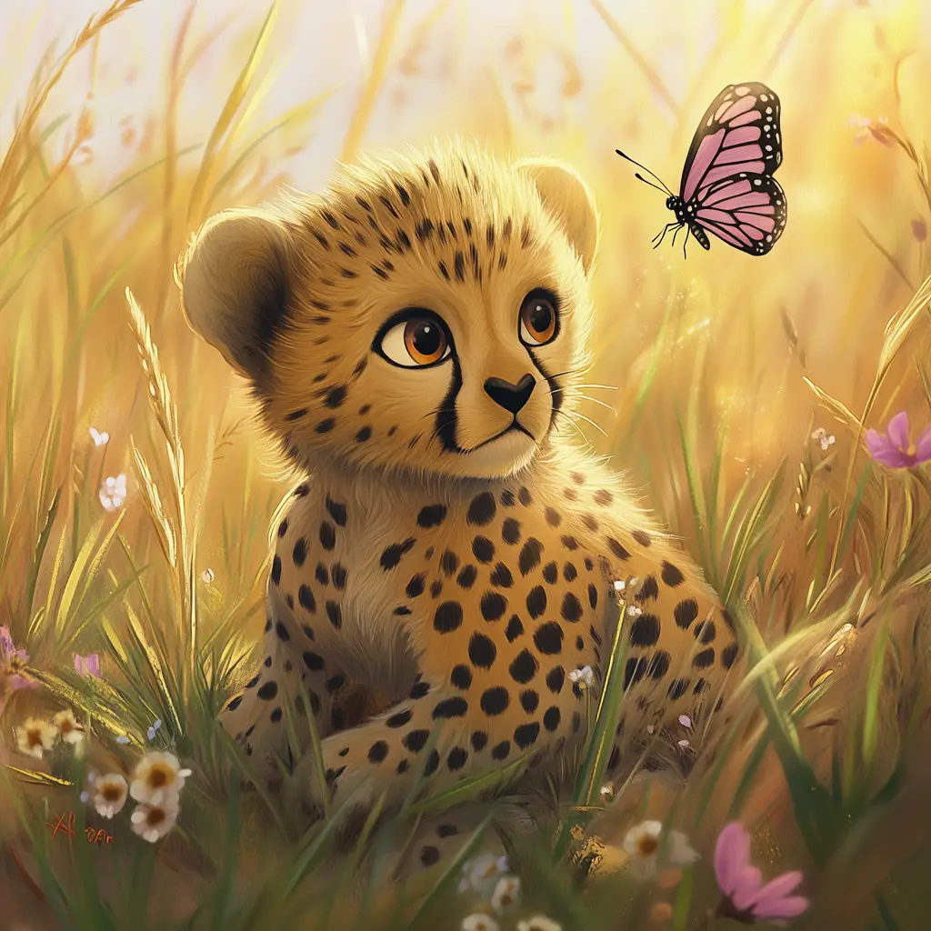 Bébé guépard observant un papillon dans l’herbe chaude de la savane