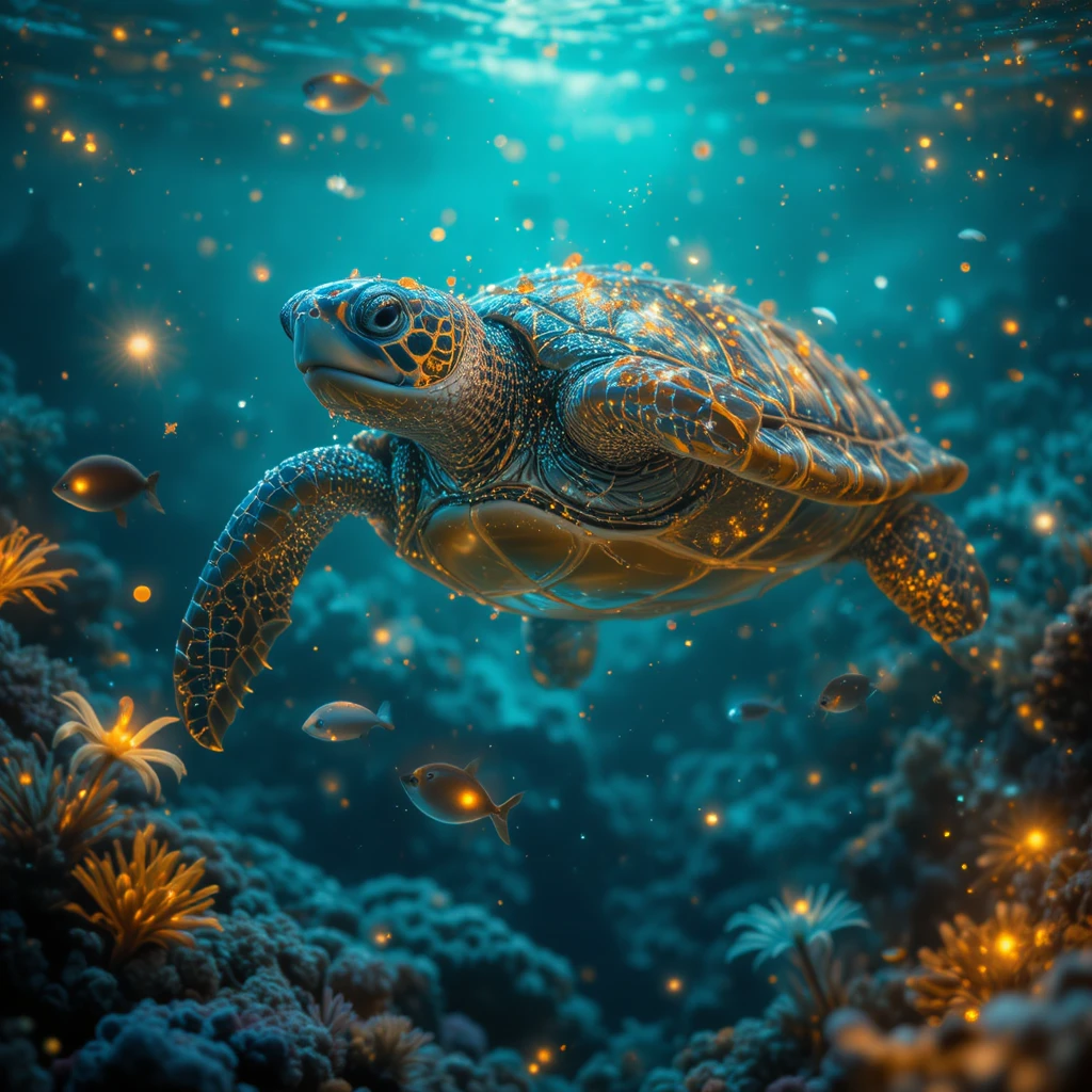 在發光水下夢境中漂流的海龜