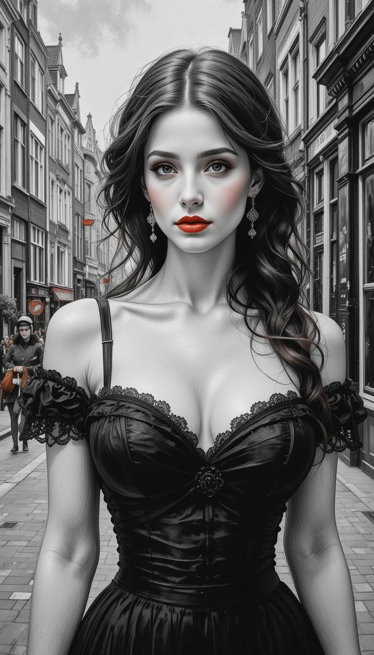 Mulher bonita em uma rua de Amsterdã em pintura a óleo