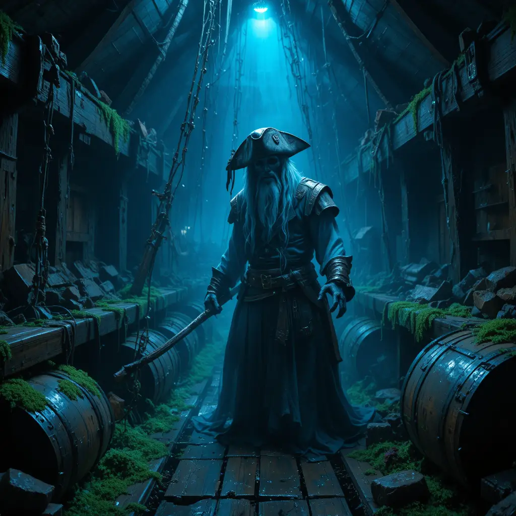 Ghost pirate lurking inside a dark old ship interior
