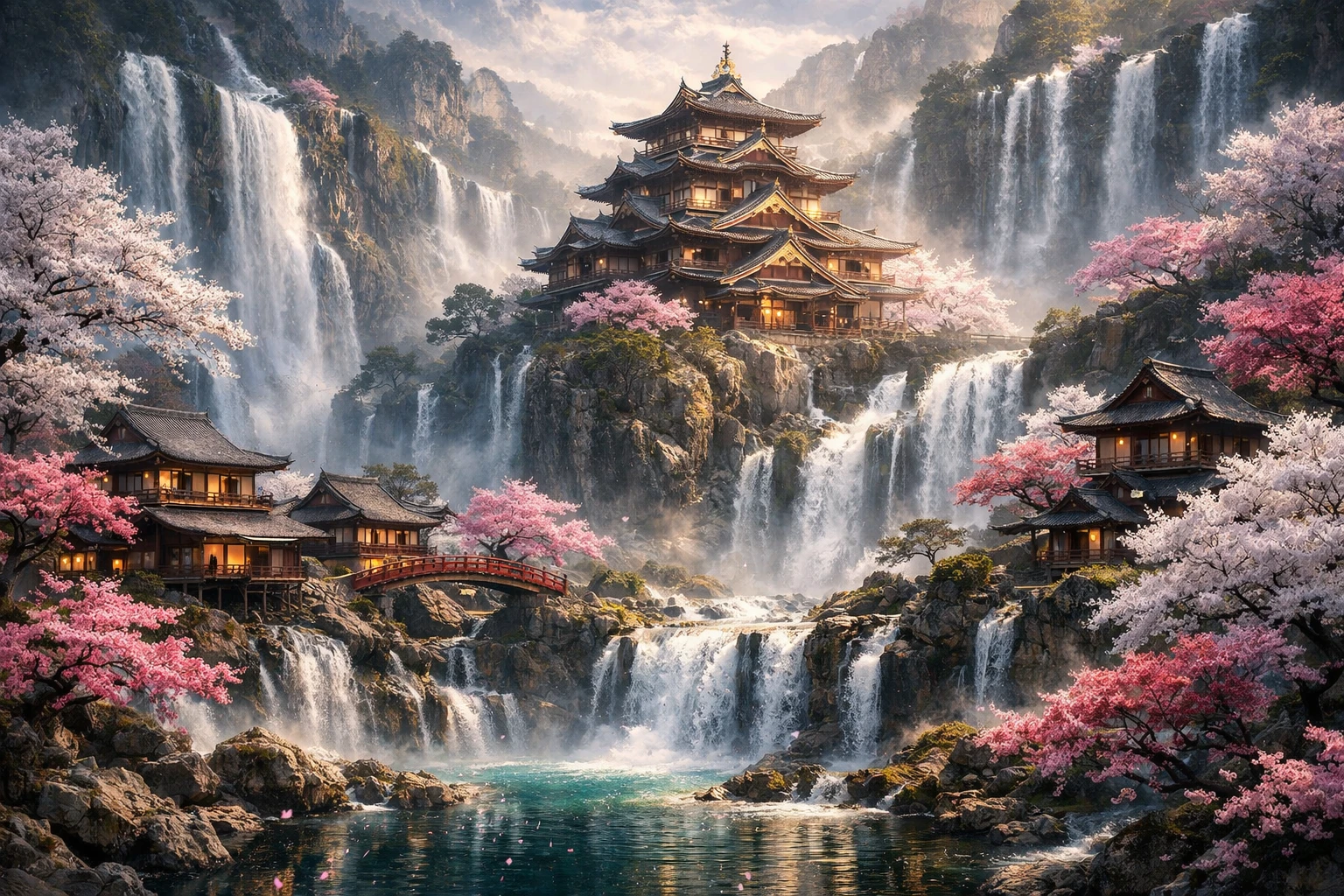 Surreal Japanese Palace Above Waterfalls In Dreamlike Forest