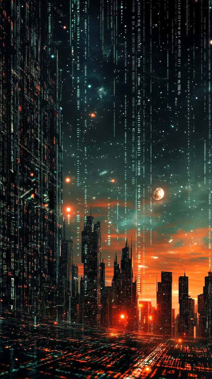 Città digitale cyberpunk con cielo di dati in stile Matrix