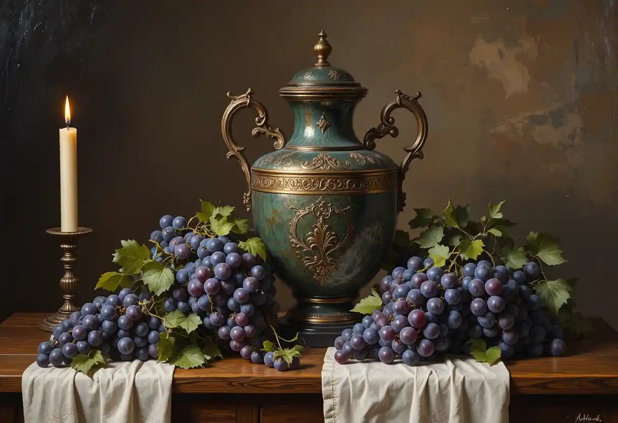 Dutch still life with copper wine cooler and grapes