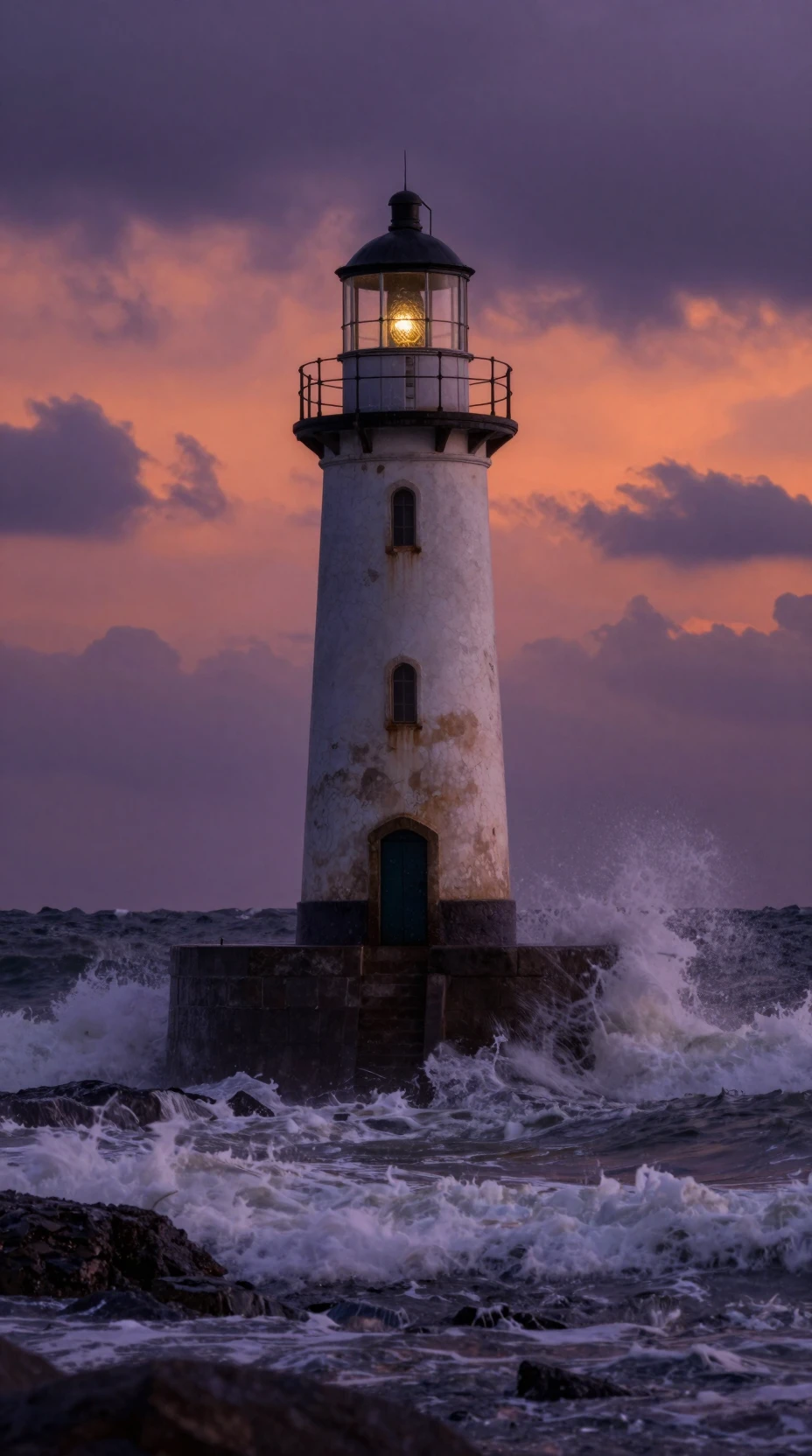 Farol solitário diante de ondas tempestuosas em mar ao entardecer