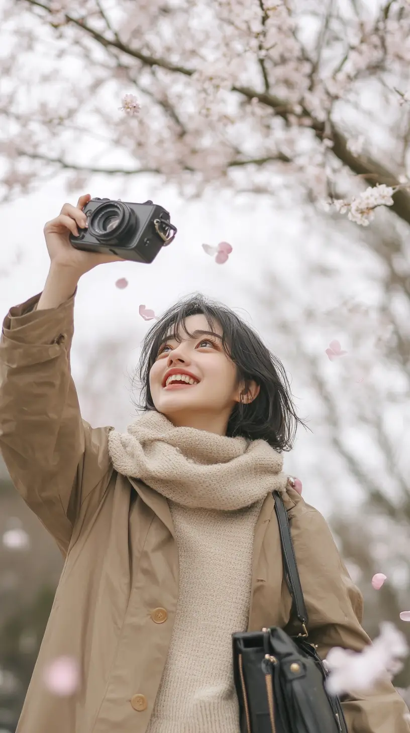 Fröhliches Anime-Mädchen mit Kamera unter Kirschblüten