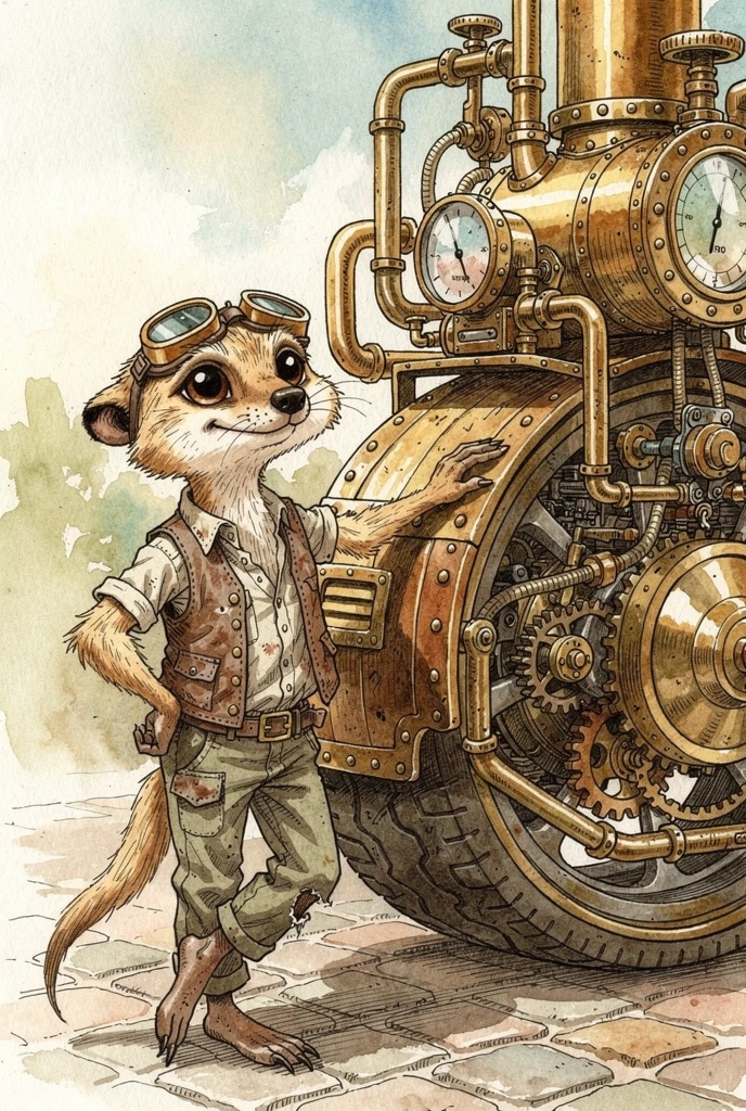 Skinny steampunk meerkat leaning on a detailed steam car