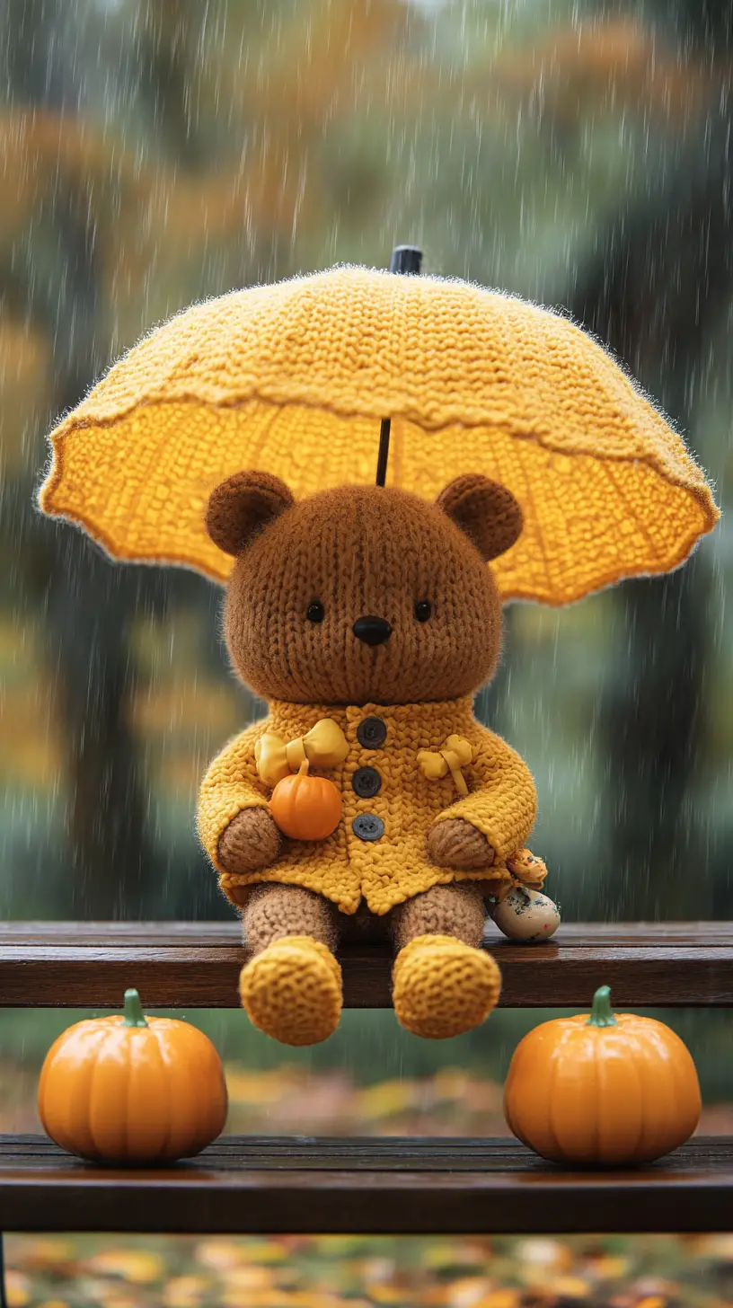 Süßer Cartoon-Bär auf einer Bank unter einem gelben Regenschirm