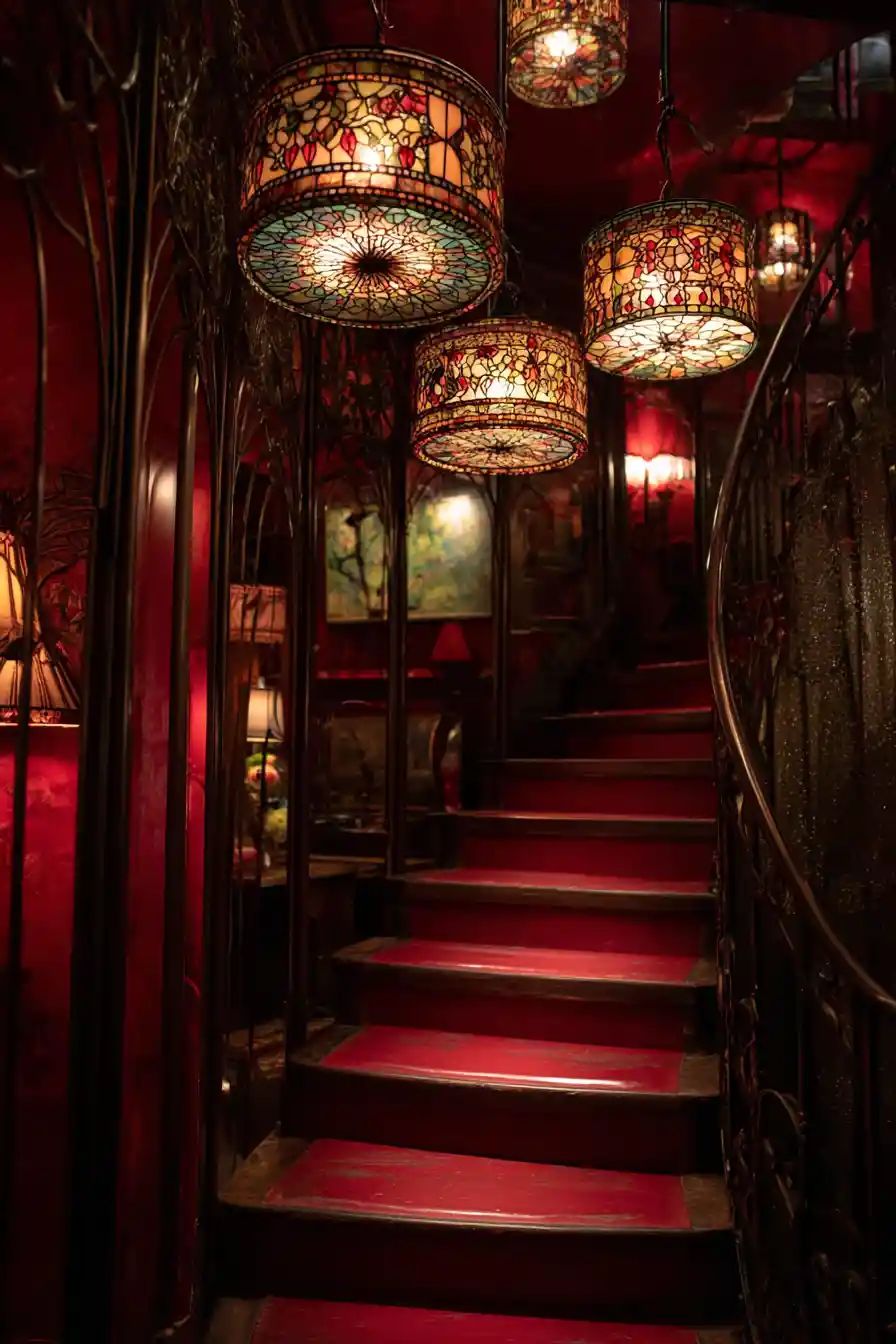 Fantasievolle Tiffany-Lampen, die über einer roten Treppe leuchten