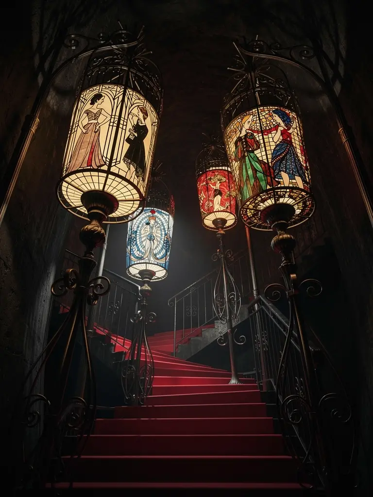 Fantastische Tiffany-Lampen über roter Treppe im Katakombengang