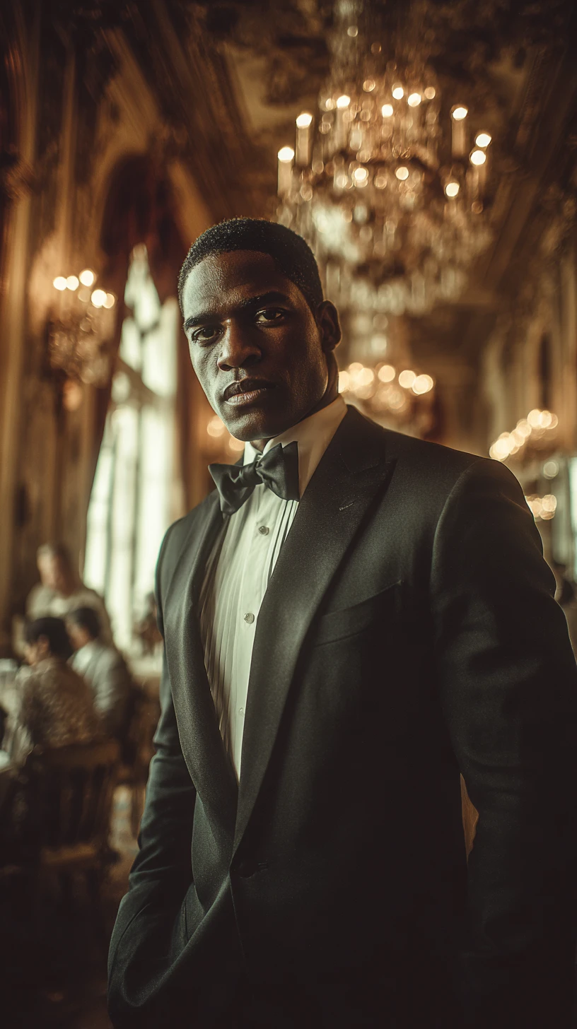 Portrait en tenue de soirée confiant dans le grand hall d’un manoir
