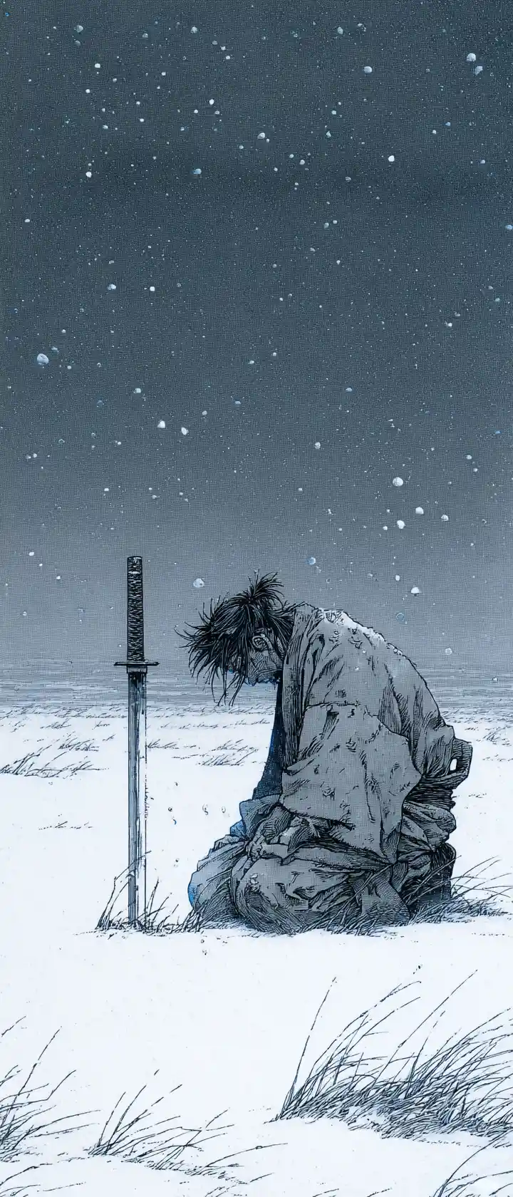 黃昏雪地原野中跪地的孤獨武士