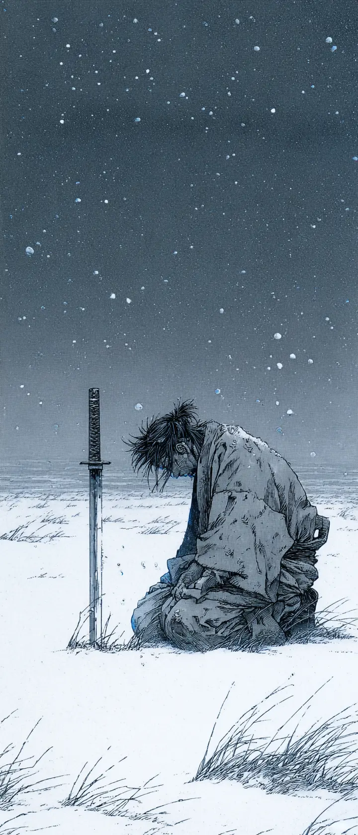 黃昏雪地原野中跪地的孤獨武士