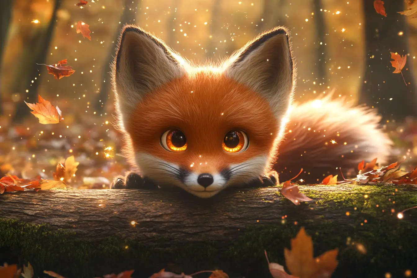Junger Fuchs, der im Herbstwald aus einem Baumstamm hervorlugt