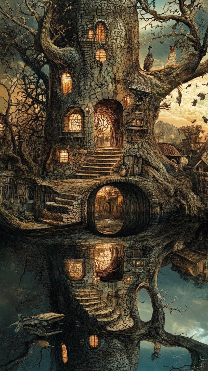 Surreal optical illusion scene with layered fairytale imagery
