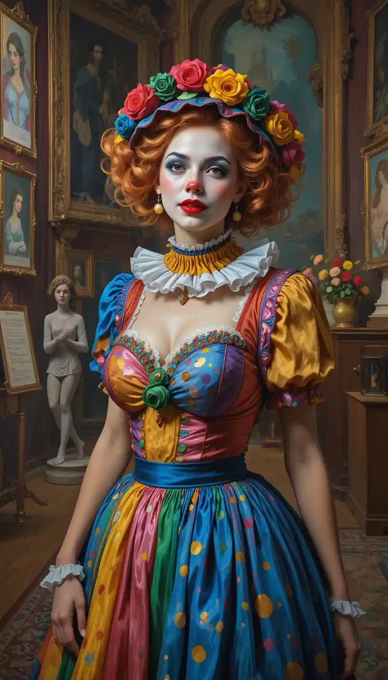 Palhaça brincalhona com fantasia colorida em um grande museu