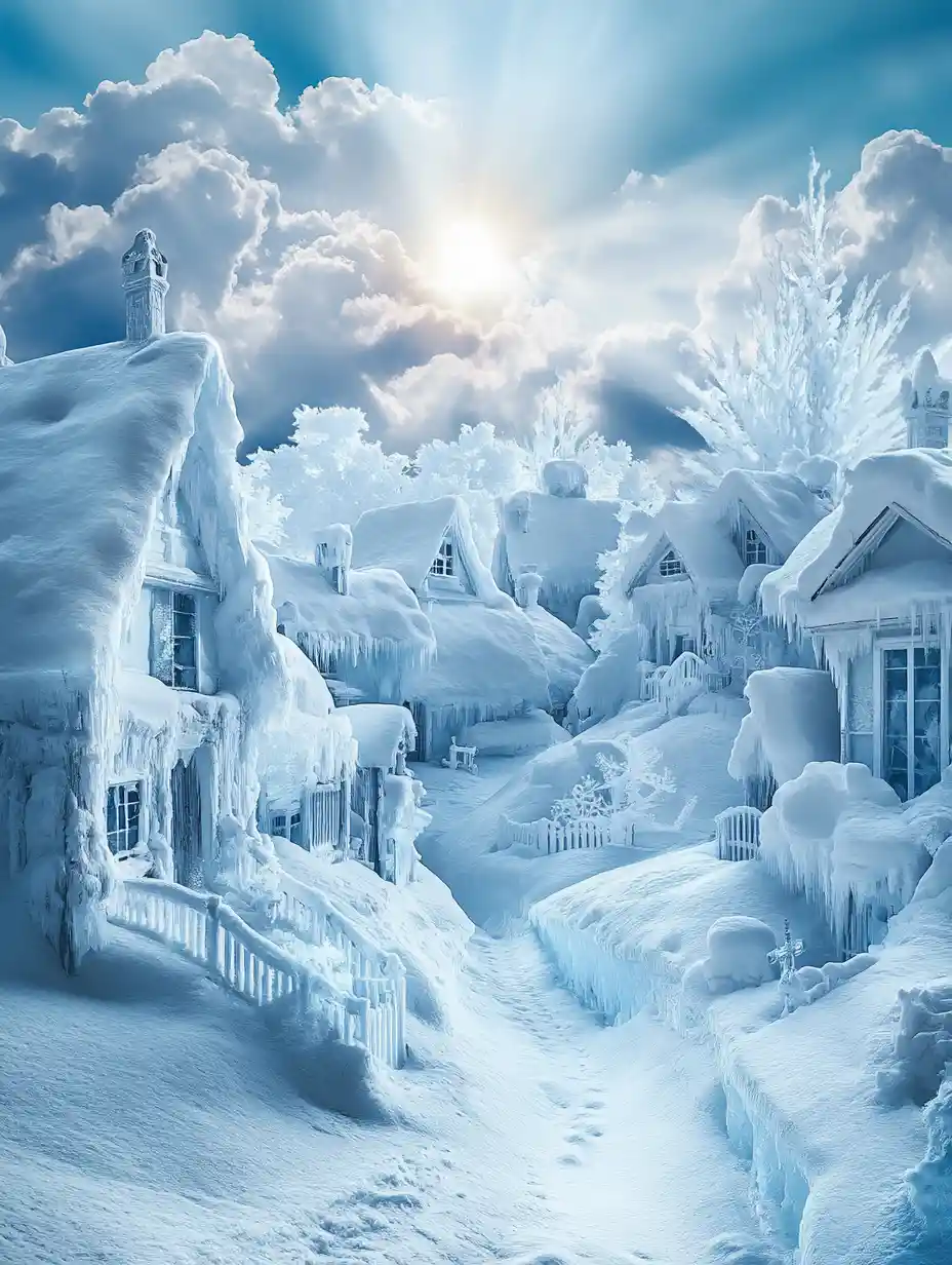 Dreamlike Snow And Ice Suburban Town Under Soft Sun