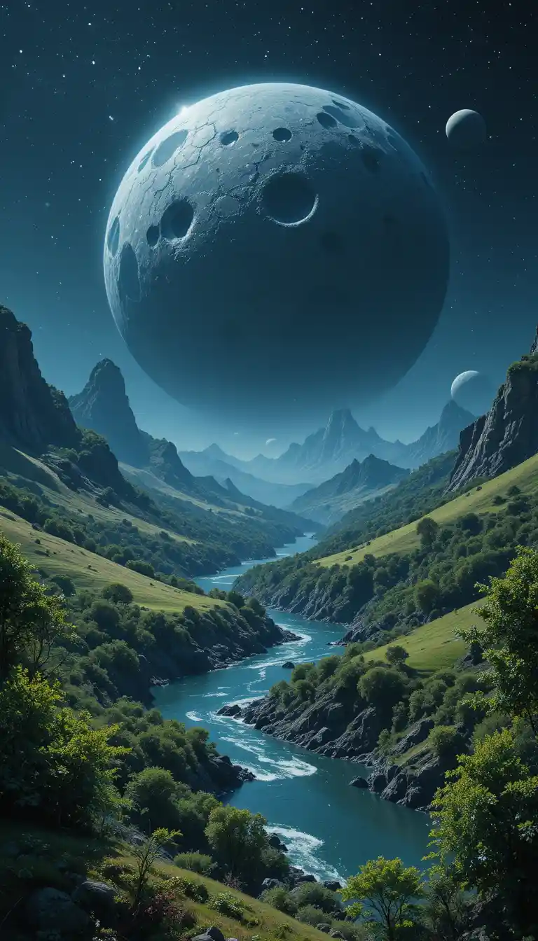 Riesiger verkraterter Planet über einem friedlichen außerirdischen Flusstal