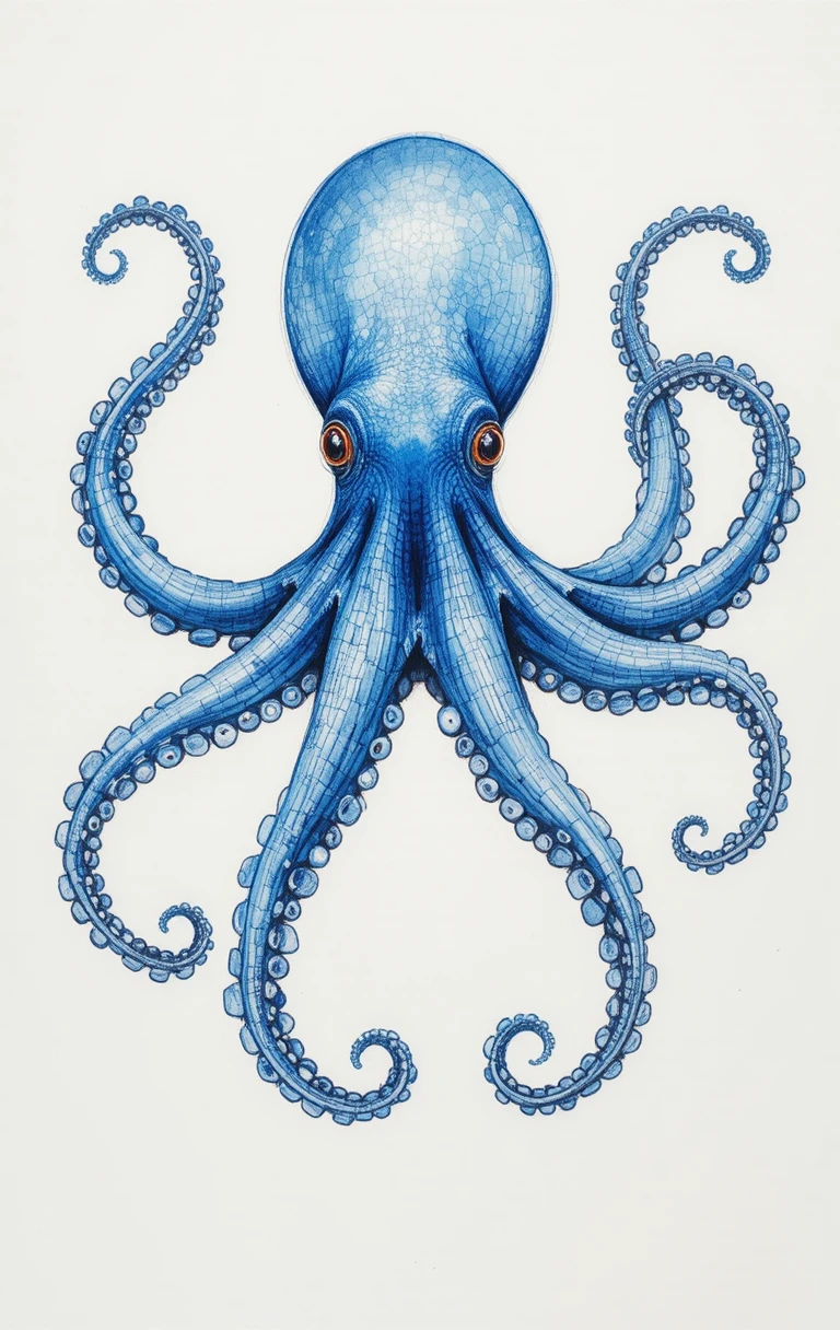 Blue watercolor octopus with flowing curling tentacles