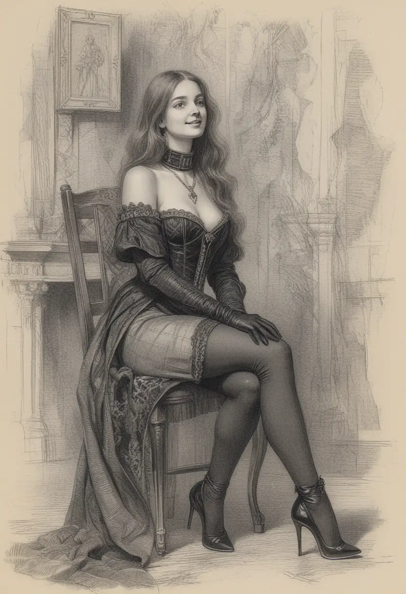 Mulher elegante de espartilho sentada em interior decadente