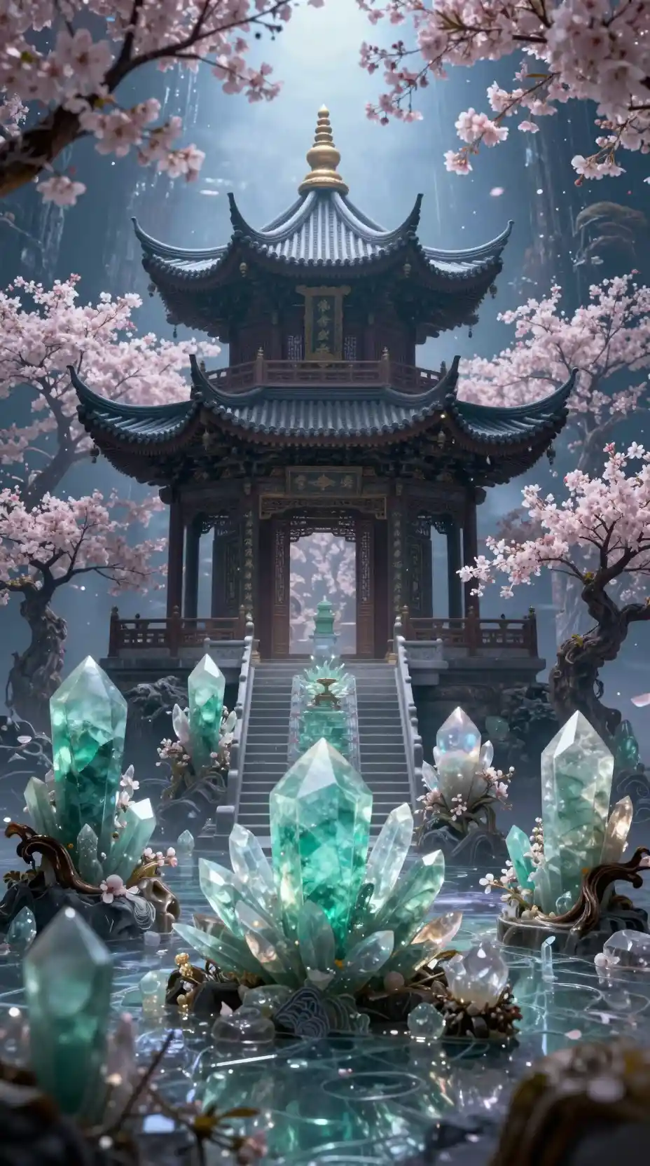 Mystischer Kristall-Pagoden-Tempel in einer Fantasielandschaft