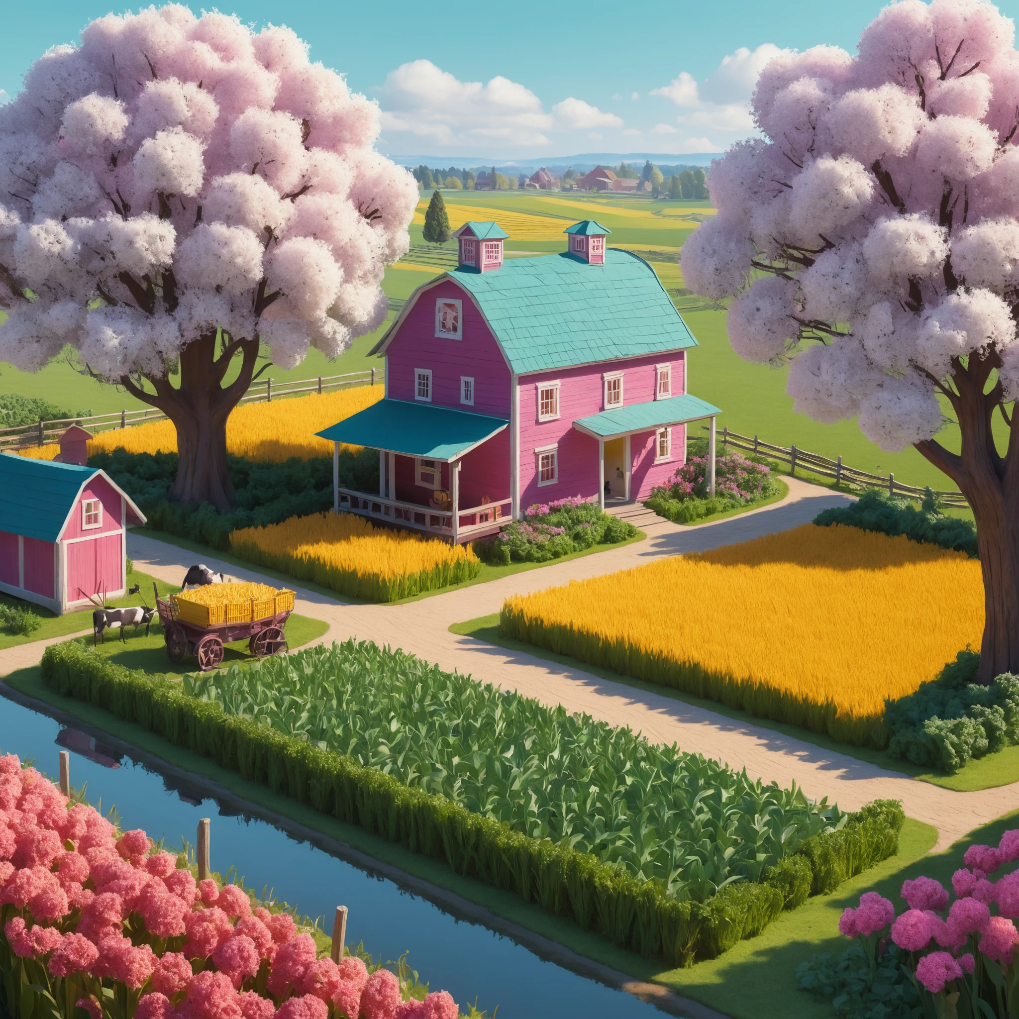 Campi agricoli isometrici colorati con fiori e colture