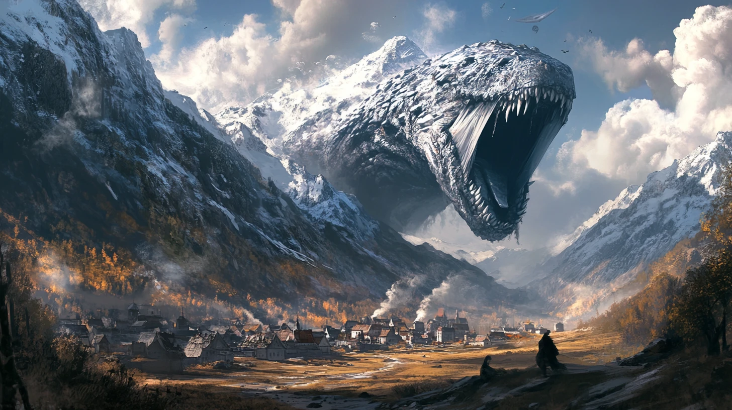 Bocarra Colossal de Monstro Pairando Sobre Cidade em Vale Montanhoso