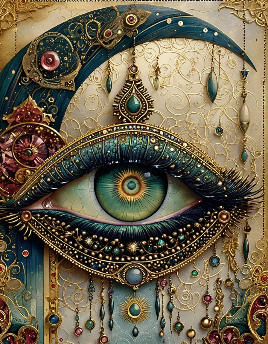 Mystical turquoise eye illustration with jeweled art nouveau details