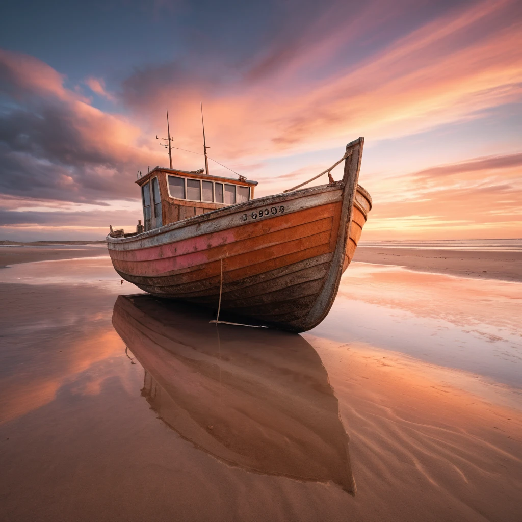 Barque de pêche en bois vieillie sur le sable mouillé au coucher du soleil