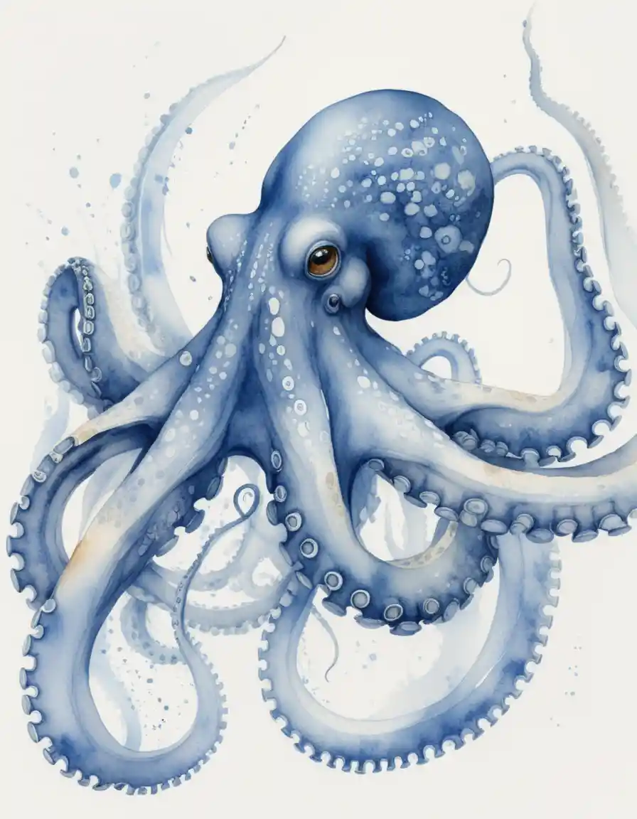 Pieuvre bleue en aquarelle aux tentacules fluides et enroulés
