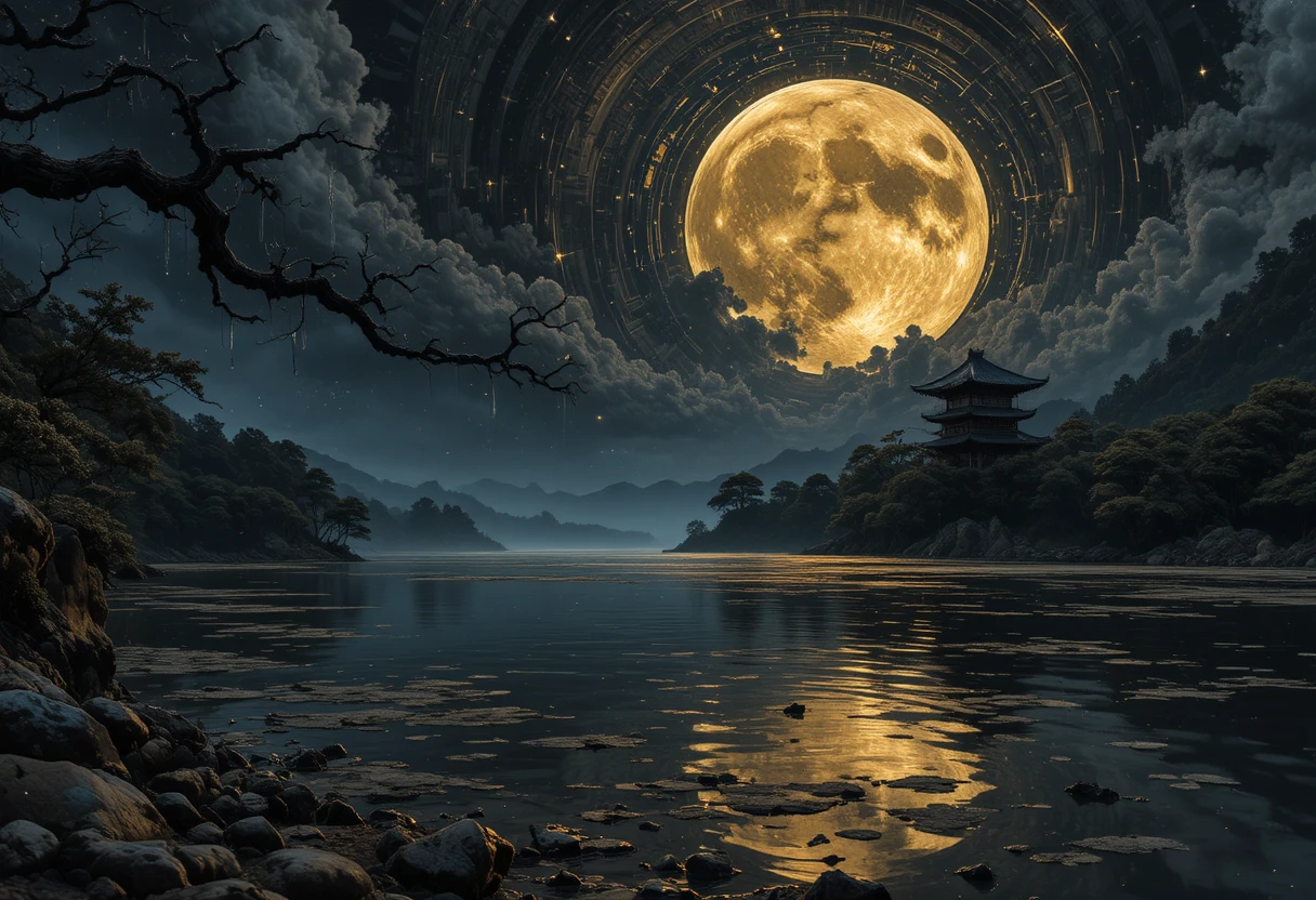 Massive full moon glowing over a dark Japanese lake