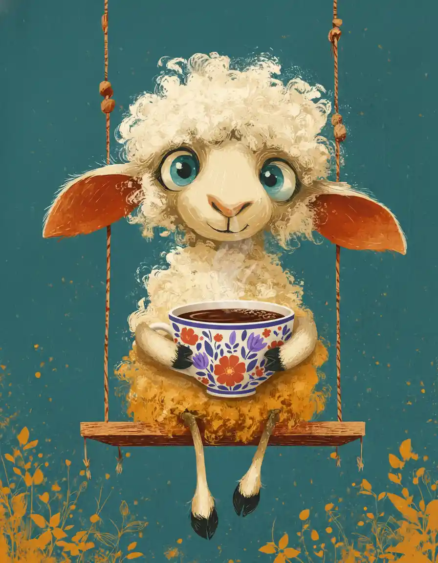 Sheep Holding A Floral Teacup Filled With Dark Coffee