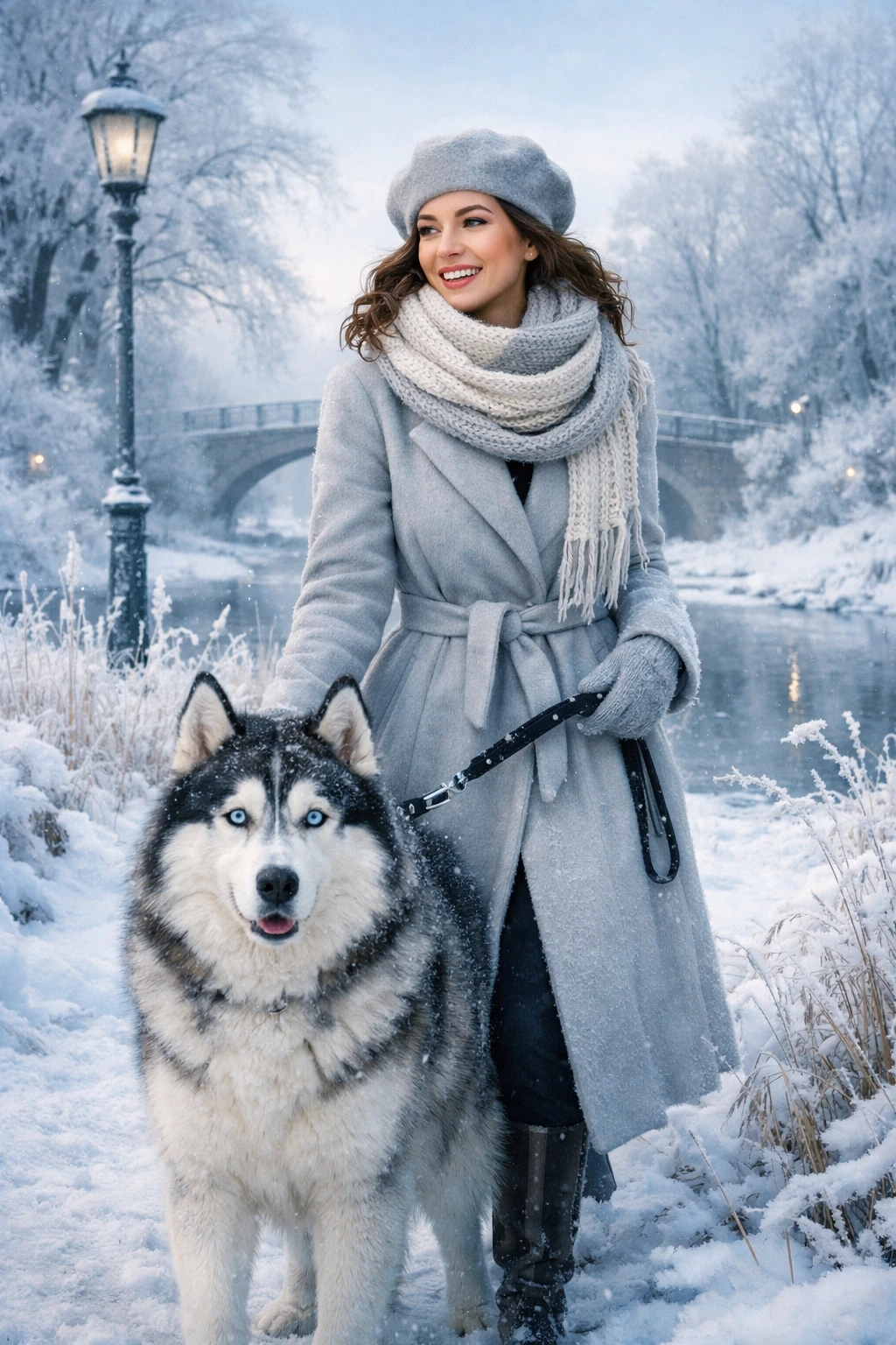 Elegant woman walking her husky on a cold winter morning