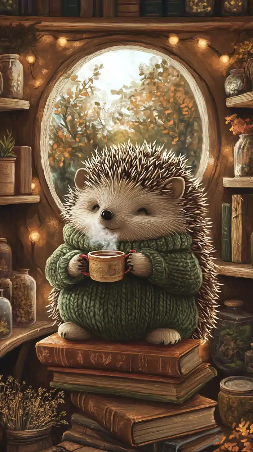 Süßer Igel mit Tee auf Büchern in einem gemütlichen Zimmer
