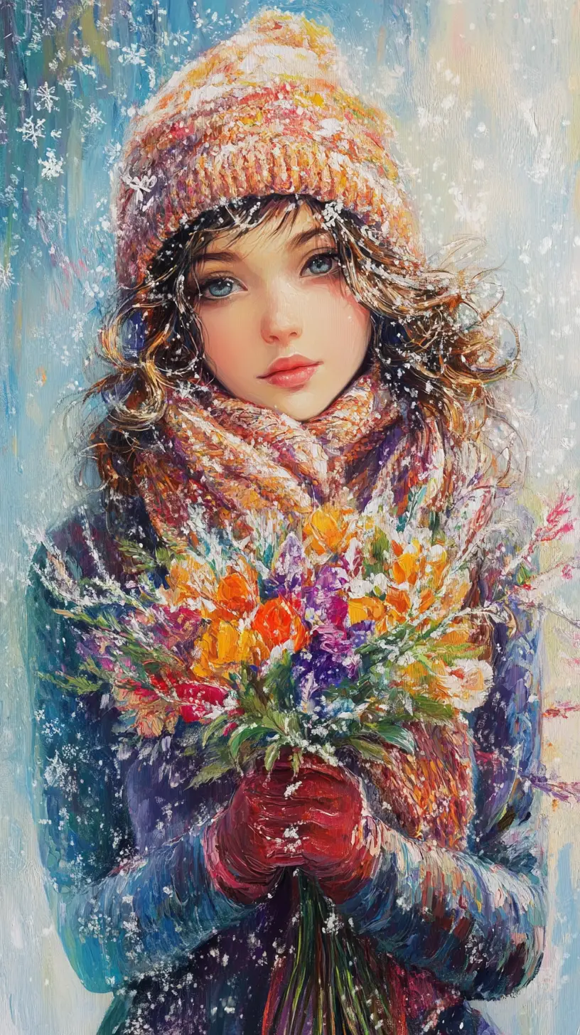 Fille mignonne avec bouquet d’hiver au style pop art