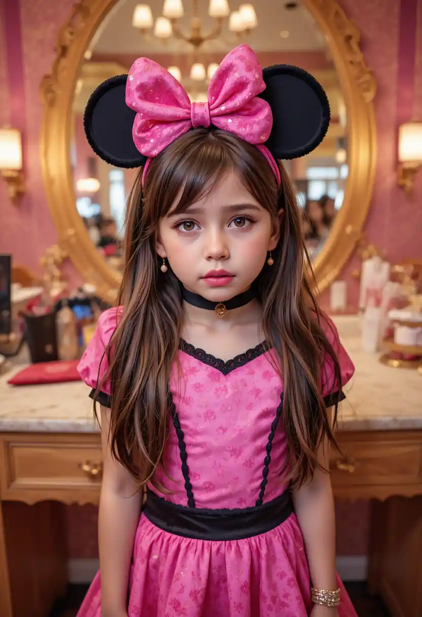 Ragazzo preadolescente nervoso in abito di Minnie alla toilette di una boutique