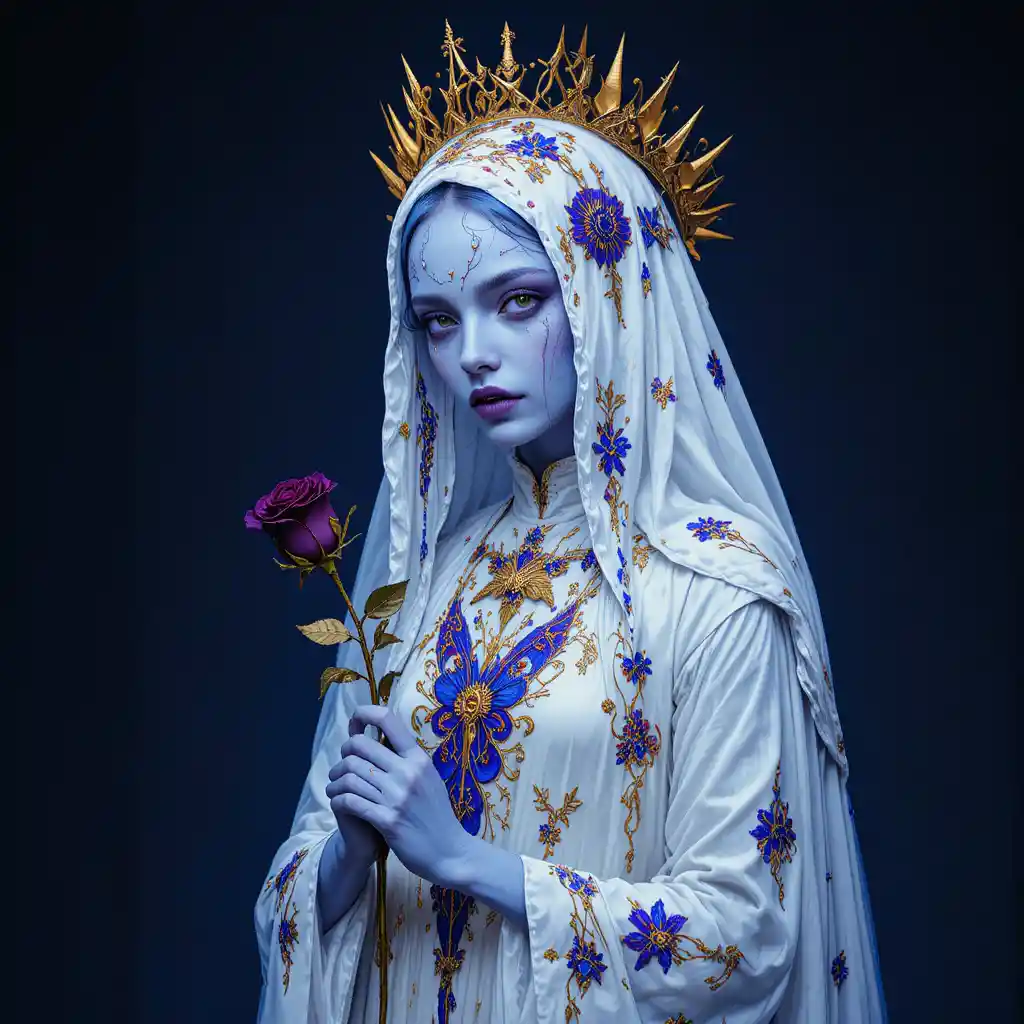 Gothic vampire nun with golden halo and bleeding rose