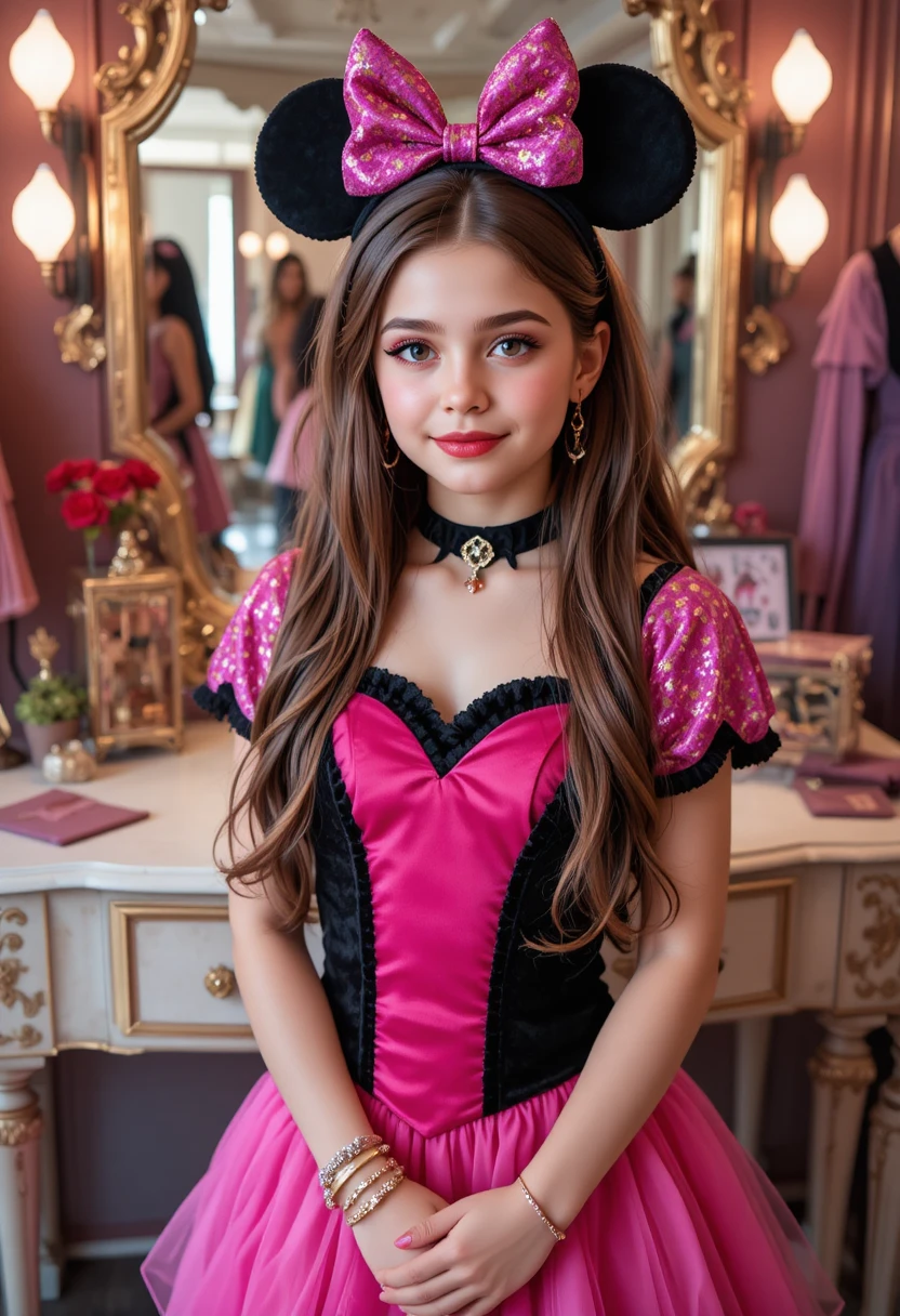 Ragazzo preadolescente in outfit di Minnie Mouse davanti a una toeletta boutique