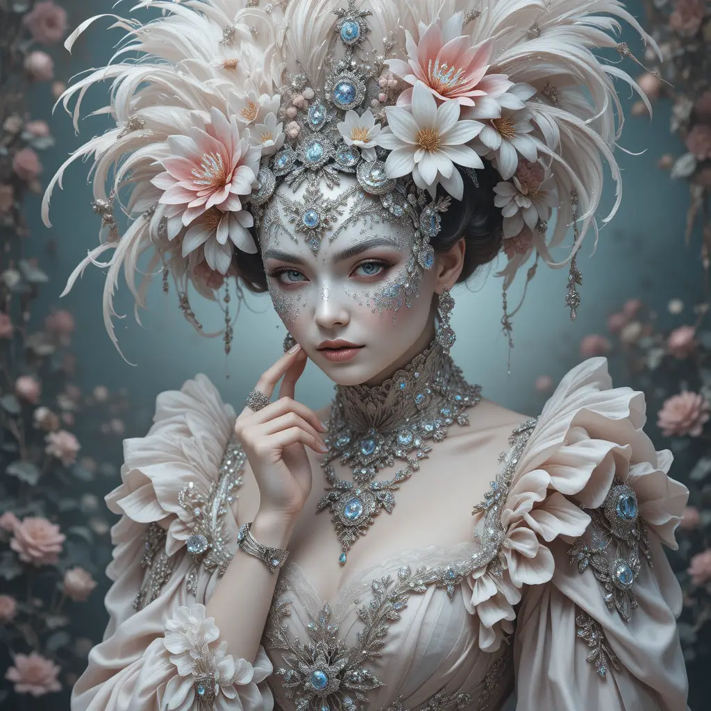 Reine de carnaval masquée en robe de soie pastel ornée