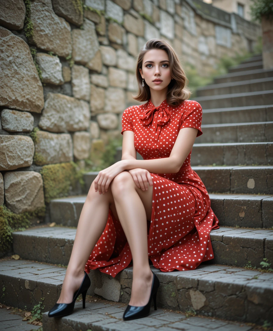 Mujer elegante con vestido rojo en escalones de piedra cubiertos de musgo